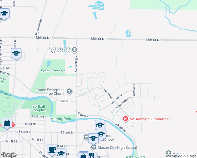 map of restaurants, bars, coffee shops, grocery stores, and more near 4 Quarry Road in Mason City
