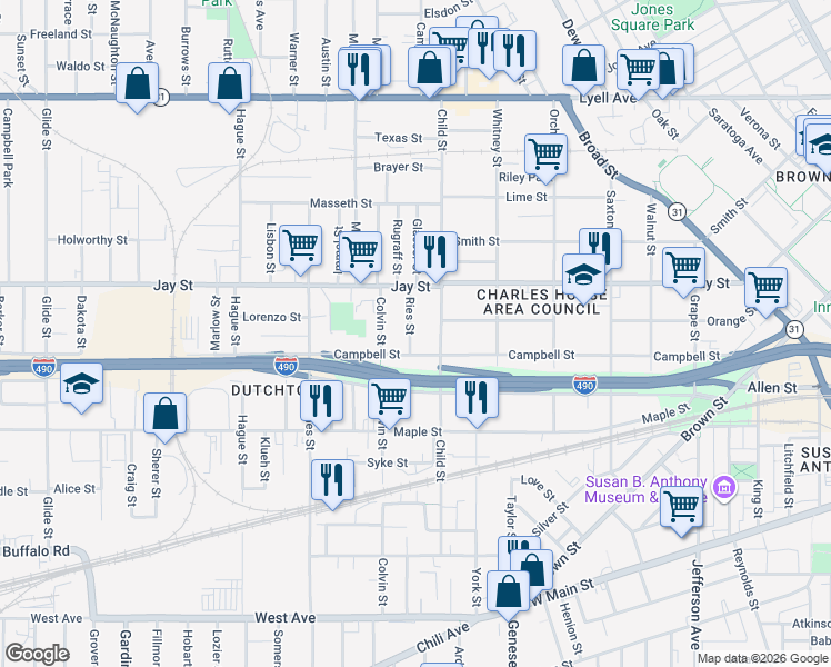 map of restaurants, bars, coffee shops, grocery stores, and more near 26 Ries Street in Rochester