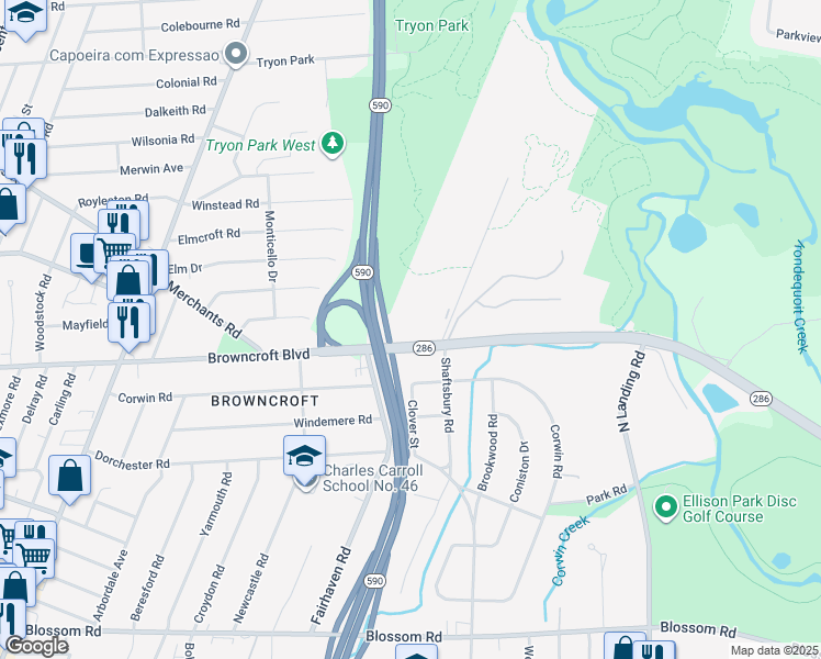 map of restaurants, bars, coffee shops, grocery stores, and more near 366 Browncroft Boulevard in Rochester
