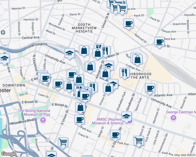 map of restaurants, bars, coffee shops, grocery stores, and more near 399 University Avenue in Rochester