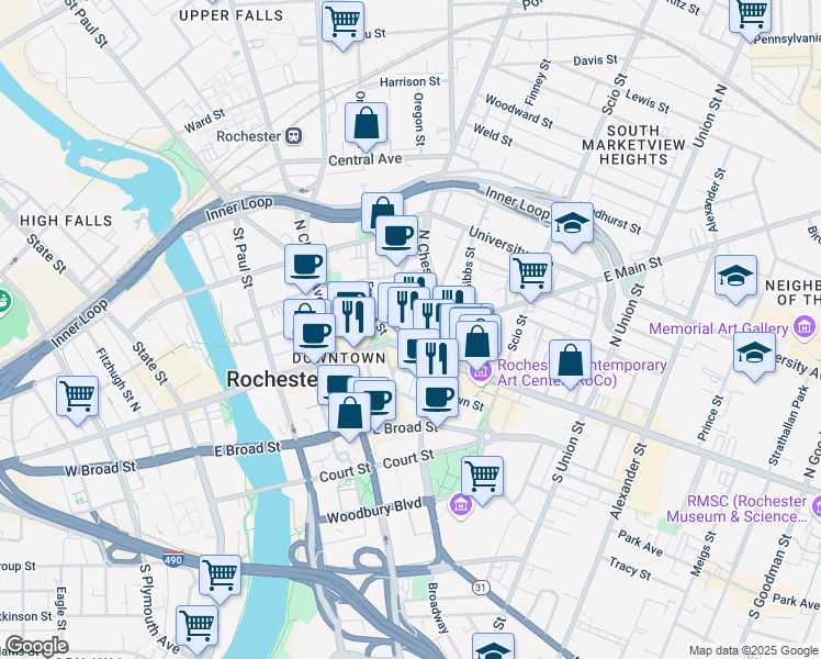 map of restaurants, bars, coffee shops, grocery stores, and more near 340 East Main Street in Rochester