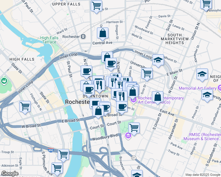 map of restaurants, bars, coffee shops, grocery stores, and more near 340 East Main Street in Rochester