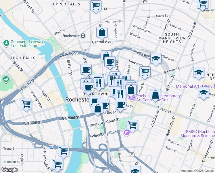 map of restaurants, bars, coffee shops, grocery stores, and more near 340 East Main Street in Rochester