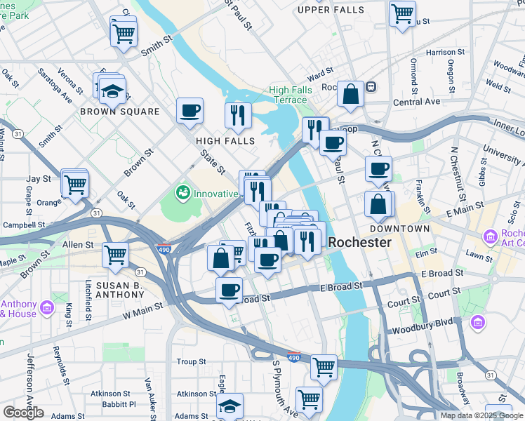 map of restaurants, bars, coffee shops, grocery stores, and more near 120 State Street in Rochester