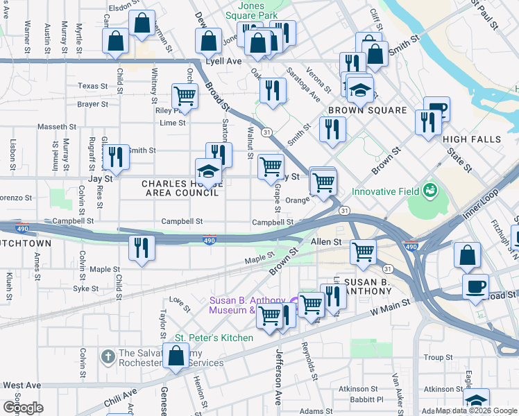 map of restaurants, bars, coffee shops, grocery stores, and more near 123 Orange Street in Rochester