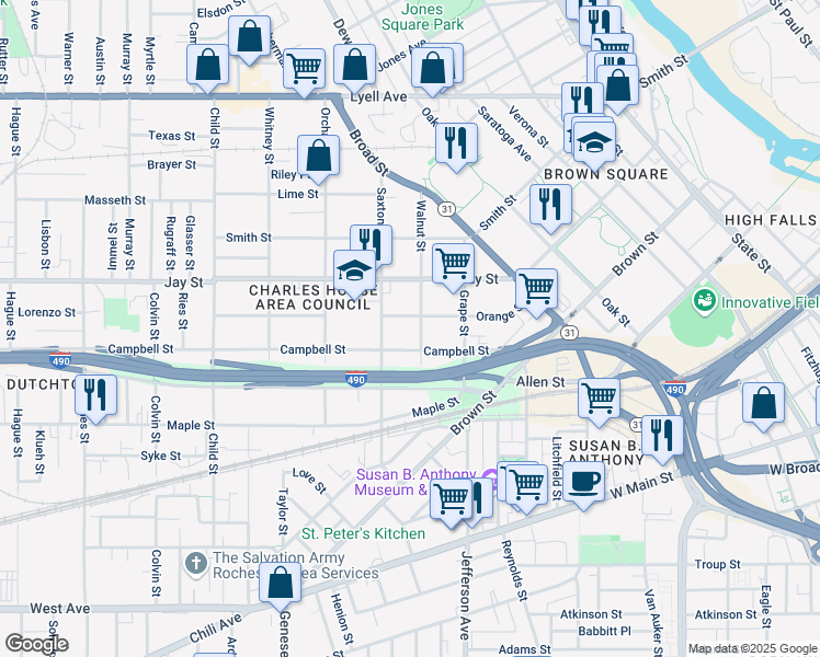 map of restaurants, bars, coffee shops, grocery stores, and more near 29 Walnut Street in Rochester