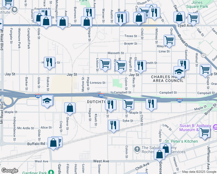 map of restaurants, bars, coffee shops, grocery stores, and more near 4 Schley Place in Rochester