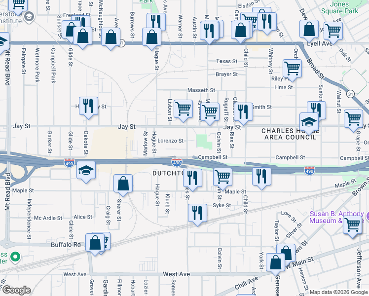 map of restaurants, bars, coffee shops, grocery stores, and more near 4 Schley Place in Rochester