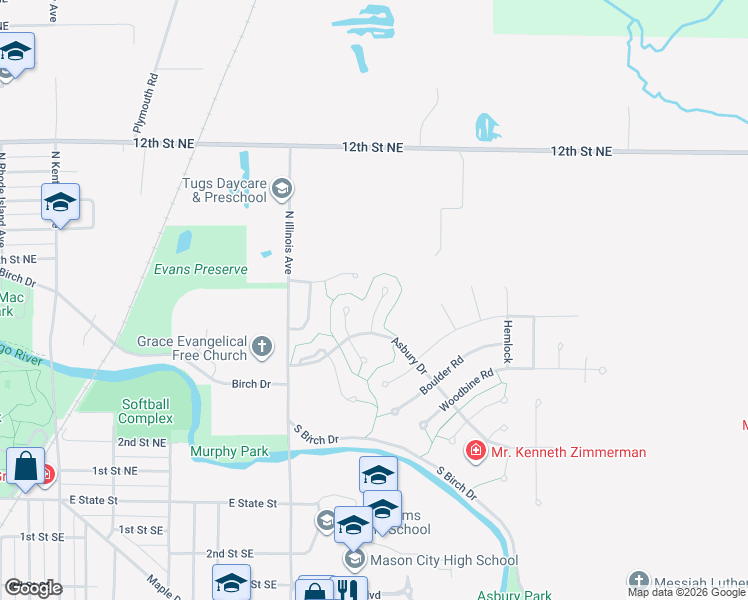 map of restaurants, bars, coffee shops, grocery stores, and more near 4 Quarry Road in Mason City