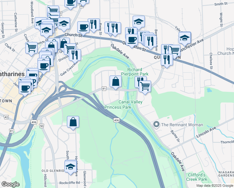 map of restaurants, bars, coffee shops, grocery stores, and more near 24 Collier Street in Saint Catharines