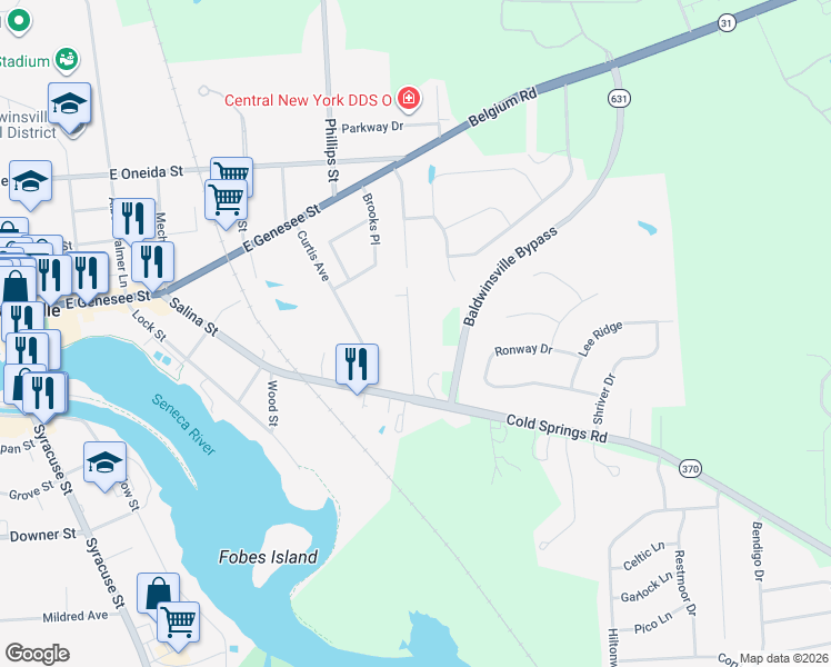 map of restaurants, bars, coffee shops, grocery stores, and more near 18 Gettman Dr in Baldwinsville
