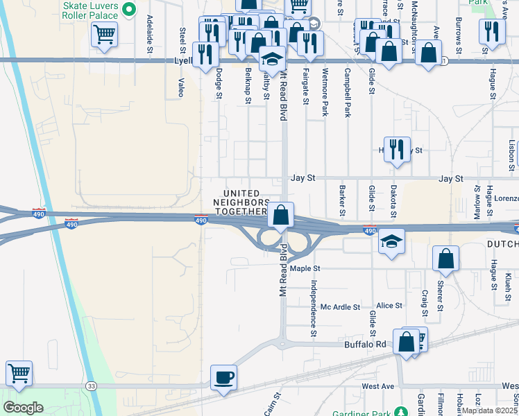 map of restaurants, bars, coffee shops, grocery stores, and more near 50 Riddle Street in Rochester