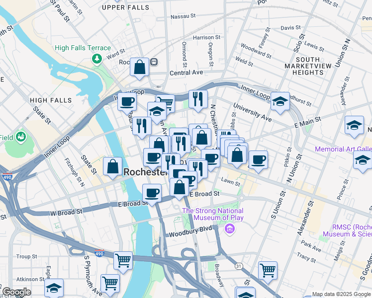 map of restaurants, bars, coffee shops, grocery stores, and more near 250 East Main Street in Rochester