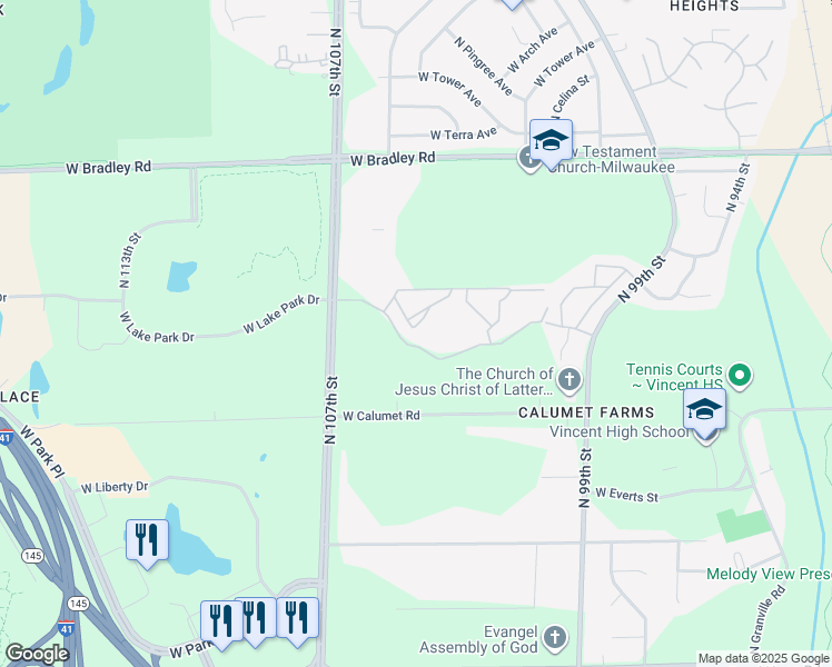map of restaurants, bars, coffee shops, grocery stores, and more near 10404 West Fountain Avenue in Milwaukee