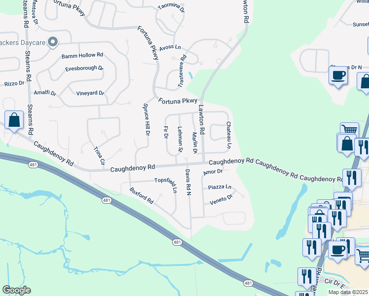 map of restaurants, bars, coffee shops, grocery stores, and more near 7004 Lehman Street in Clay