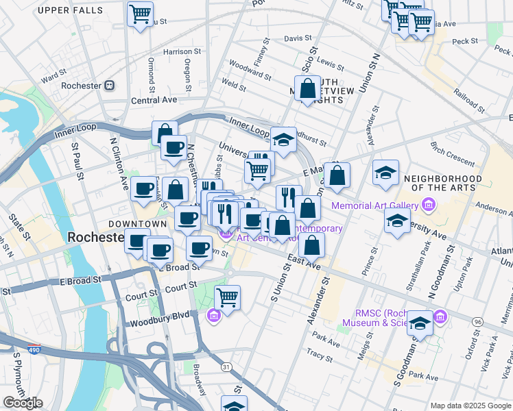 map of restaurants, bars, coffee shops, grocery stores, and more near 74 Scio Street in Rochester