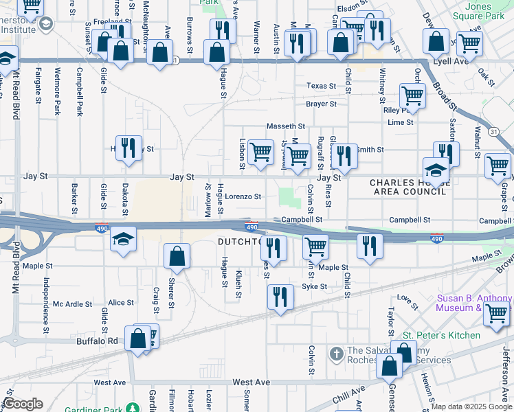 map of restaurants, bars, coffee shops, grocery stores, and more near 4 Schley Place in Rochester