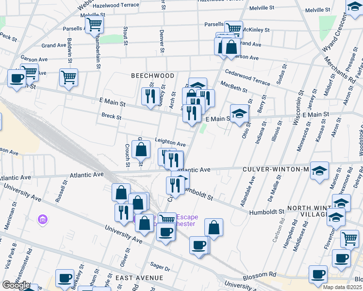 map of restaurants, bars, coffee shops, grocery stores, and more near 205 Leighton Avenue in Rochester