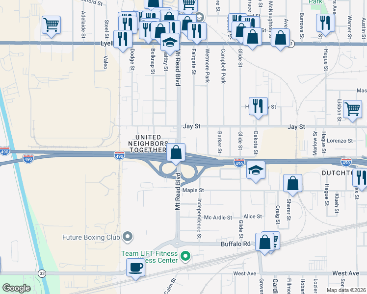 map of restaurants, bars, coffee shops, grocery stores, and more near 370 Mount Read Boulevard in Rochester