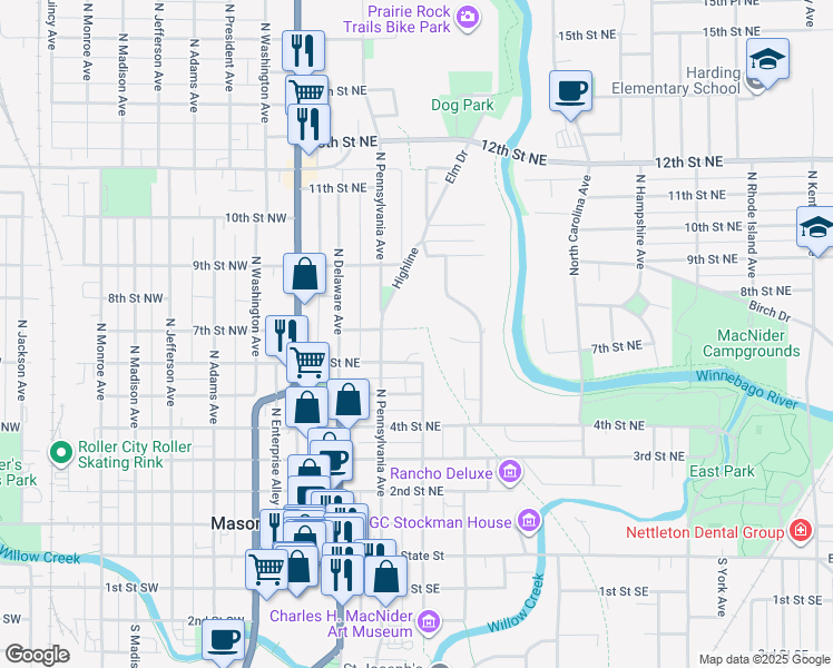 map of restaurants, bars, coffee shops, grocery stores, and more near 231 7th Street Northeast in Mason City