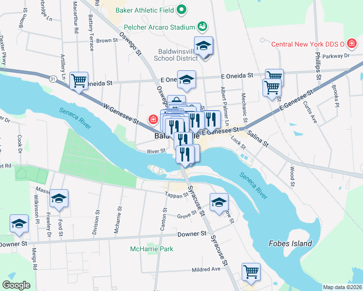 map of restaurants, bars, coffee shops, grocery stores, and more near 20 Oswego Street in Baldwinsville