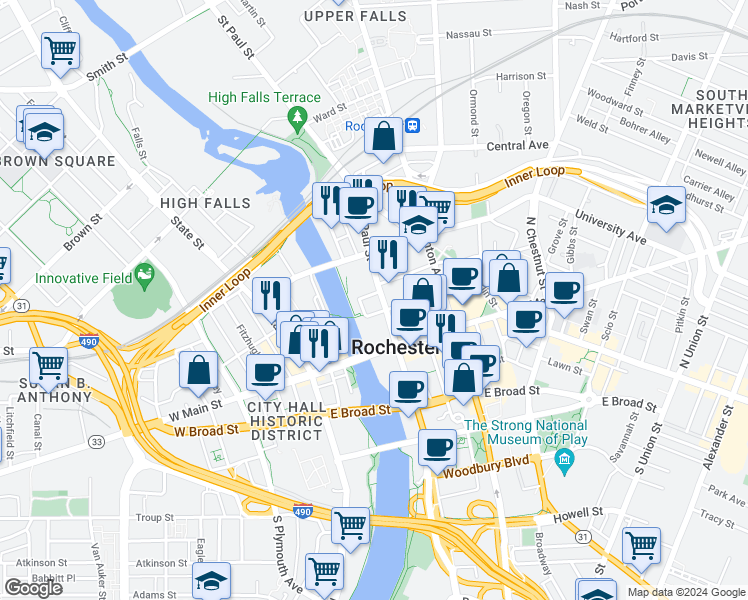 map of restaurants, bars, coffee shops, grocery stores, and more near 61 Saint Paul Street in Rochester