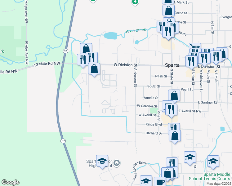map of restaurants, bars, coffee shops, grocery stores, and more near 126 Ida Red Avenue in Sparta