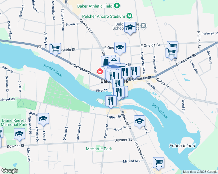 map of restaurants, bars, coffee shops, grocery stores, and more near 4 River Street in Baldwinsville