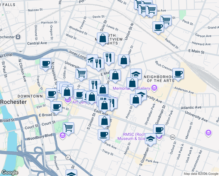 map of restaurants, bars, coffee shops, grocery stores, and more near 68 Union Street in Rochester