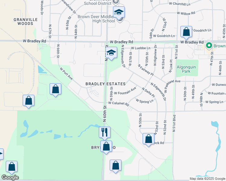 map of restaurants, bars, coffee shops, grocery stores, and more near 5826 West Fountain Avenue in Milwaukee