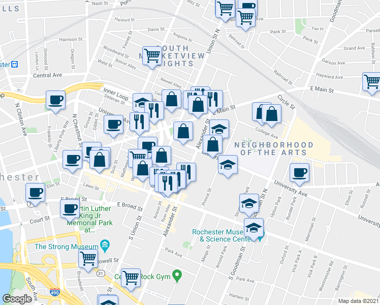 map of restaurants, bars, coffee shops, grocery stores, and more near 365 University Avenue in Rochester