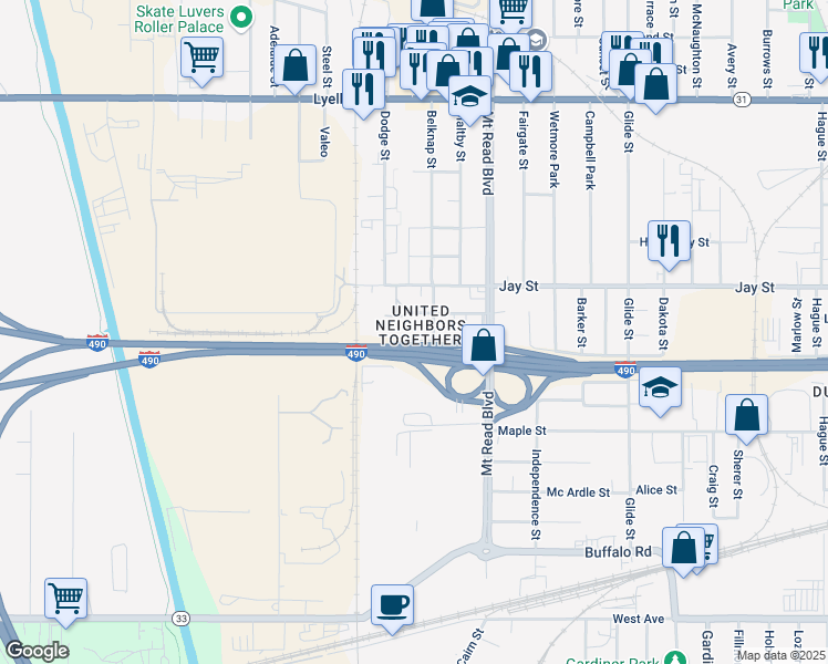 map of restaurants, bars, coffee shops, grocery stores, and more near 96 Riddle Street in Rochester