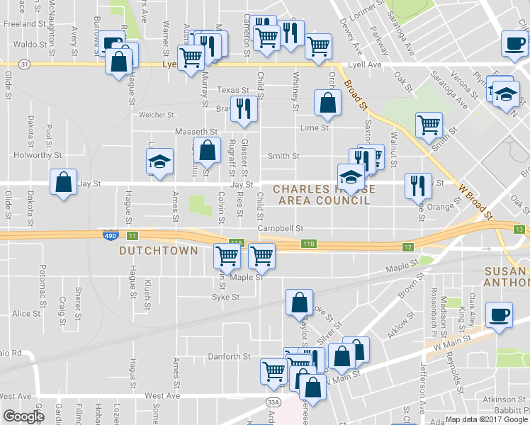 map of restaurants, bars, coffee shops, grocery stores, and more near 304 Child Street in Rochester