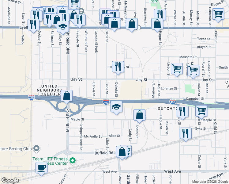 map of restaurants, bars, coffee shops, grocery stores, and more near 18 Granby Street in Rochester
