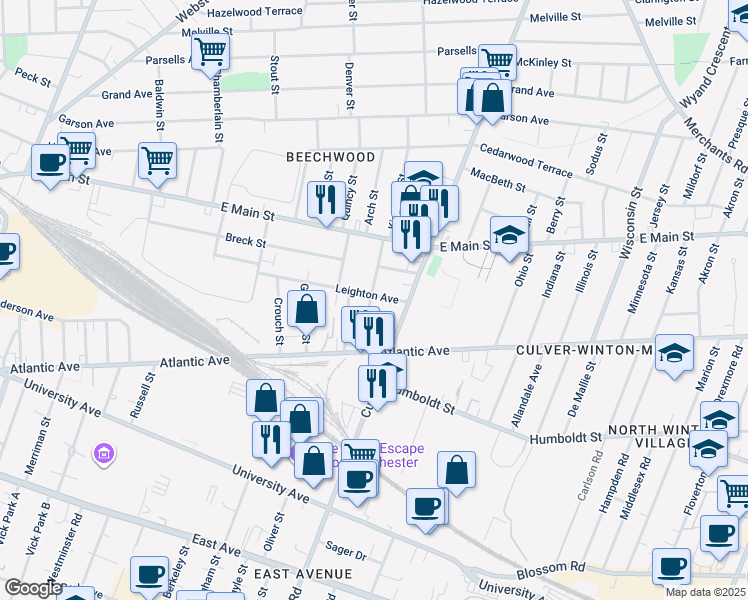 map of restaurants, bars, coffee shops, grocery stores, and more near 179 Leighton Avenue in Rochester
