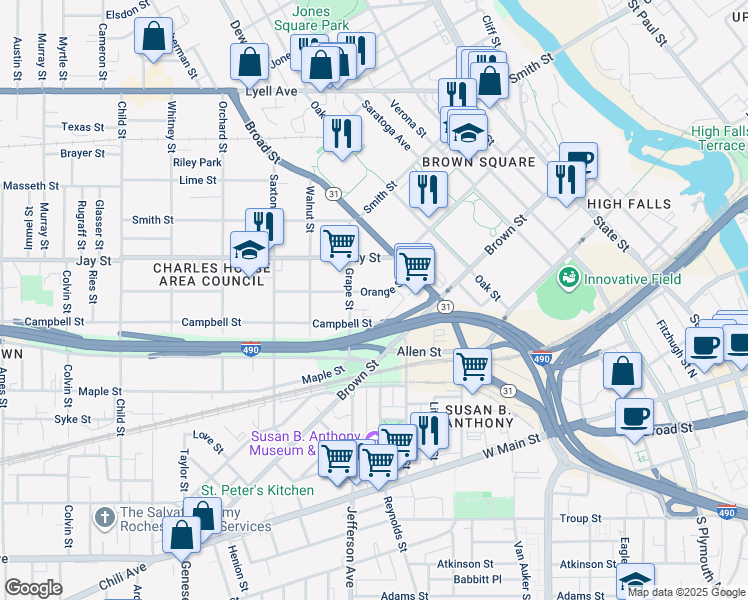 map of restaurants, bars, coffee shops, grocery stores, and more near 71 Orange Street in Rochester