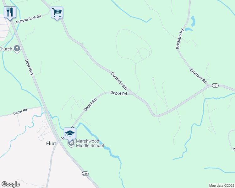 map of restaurants, bars, coffee shops, grocery stores, and more near 284 Depot Road in Eliot