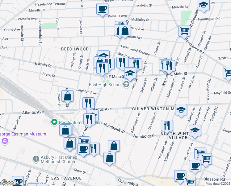 map of restaurants, bars, coffee shops, grocery stores, and more near 1801 East Main Street in Rochester