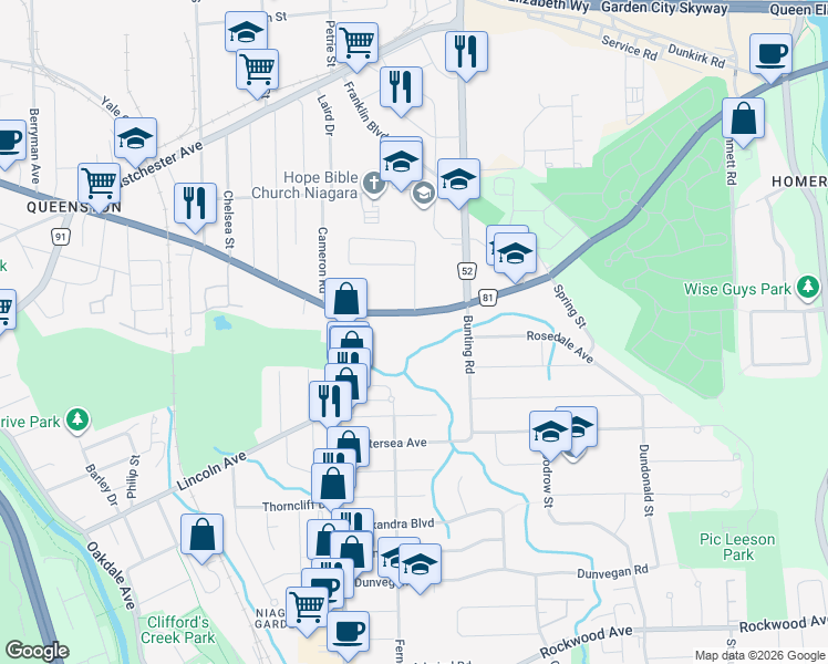 map of restaurants, bars, coffee shops, grocery stores, and more near 382 Queenston Street in Saint Catharines