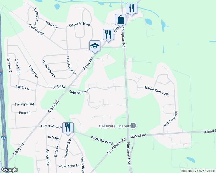 map of restaurants, bars, coffee shops, grocery stores, and more near 6132 Cobblestone Drive in Cicero