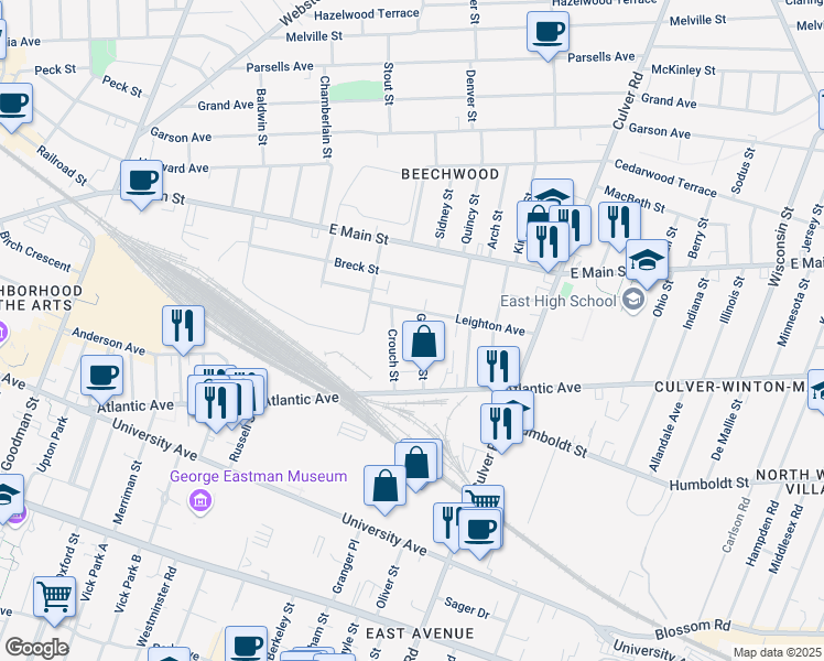 map of restaurants, bars, coffee shops, grocery stores, and more near 76 Crouch Street in Rochester