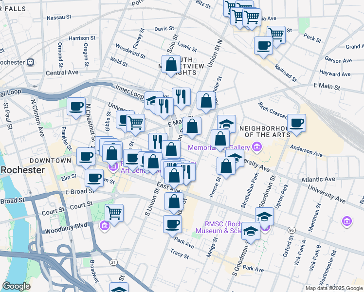map of restaurants, bars, coffee shops, grocery stores, and more near 68 Union Street in Rochester