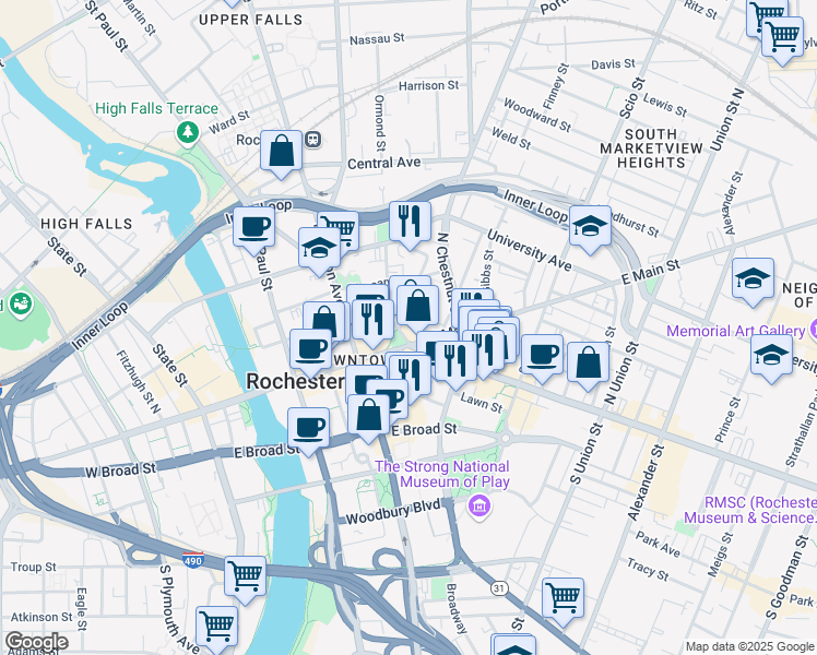 map of restaurants, bars, coffee shops, grocery stores, and more near in Rochester