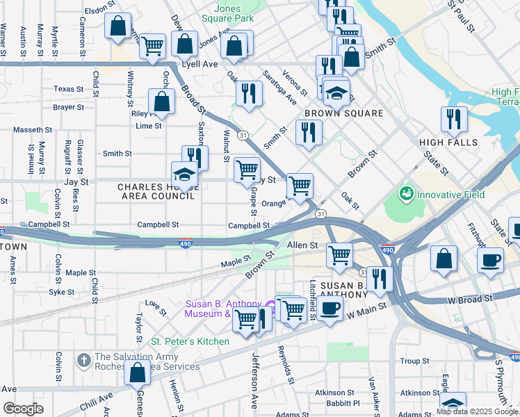 map of restaurants, bars, coffee shops, grocery stores, and more near 71 Orange Street in Rochester