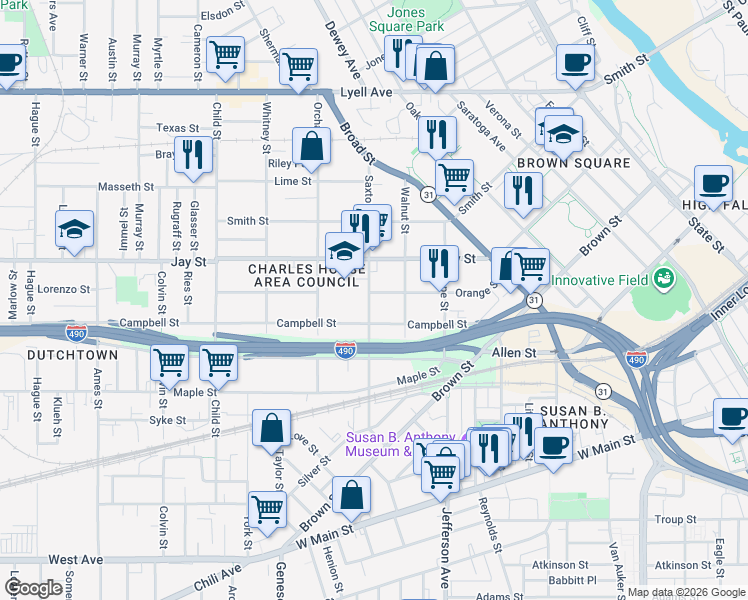 map of restaurants, bars, coffee shops, grocery stores, and more near 183 Saxton Street in Rochester