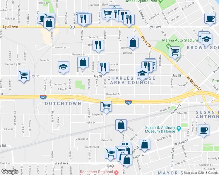 map of restaurants, bars, coffee shops, grocery stores, and more near 304 Child Street in Rochester