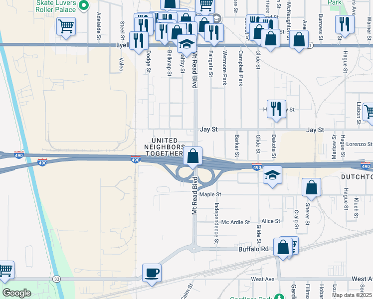 map of restaurants, bars, coffee shops, grocery stores, and more near 50 Riddle Street in Rochester