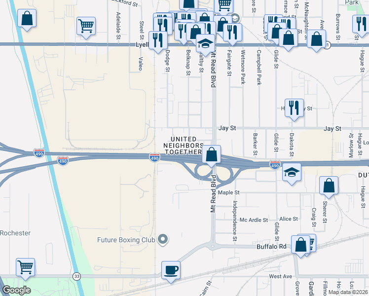 map of restaurants, bars, coffee shops, grocery stores, and more near 96 Riddle Street in Rochester