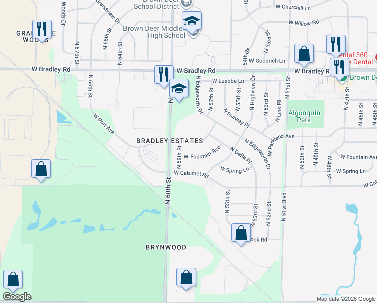 map of restaurants, bars, coffee shops, grocery stores, and more near 5826 West Fountain Avenue in Milwaukee