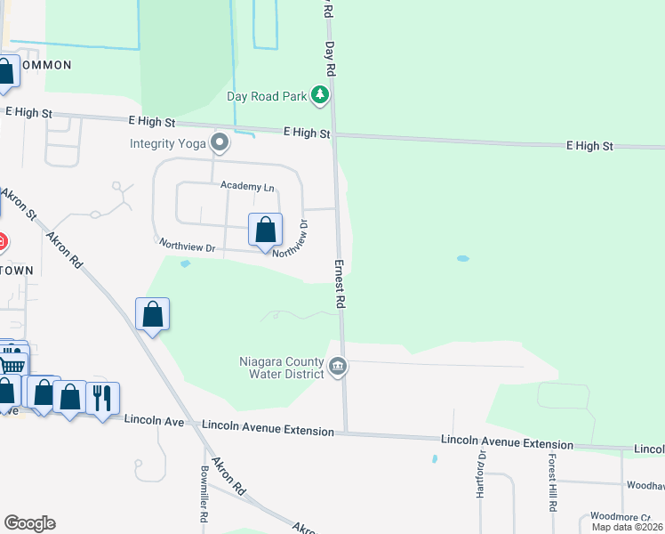 map of restaurants, bars, coffee shops, grocery stores, and more near 5344 Ernest Road in Lockport